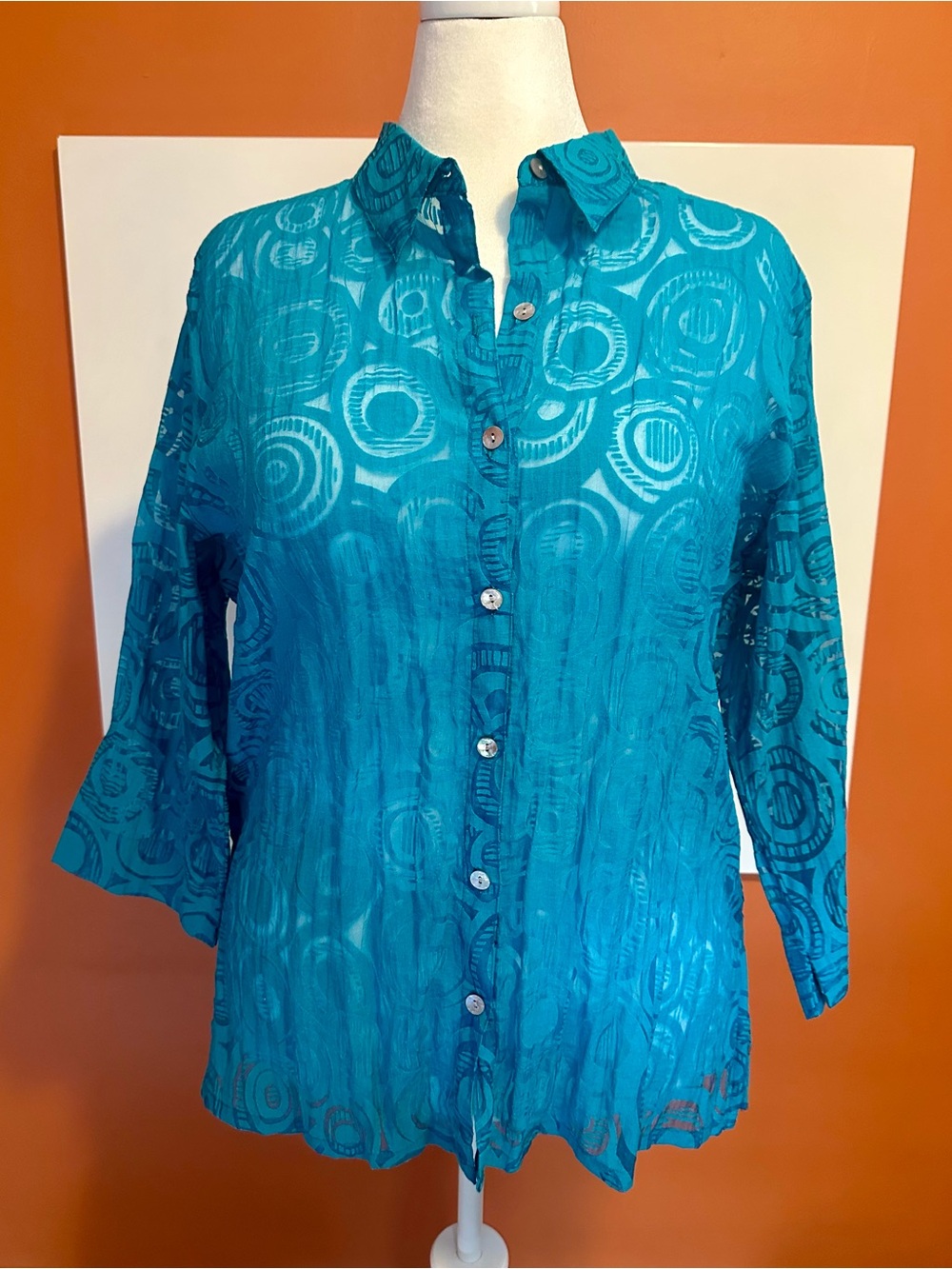Chico's Turquoise Teal Burnout Sheer Swirl Button Front Top Size 3 (XL/16)